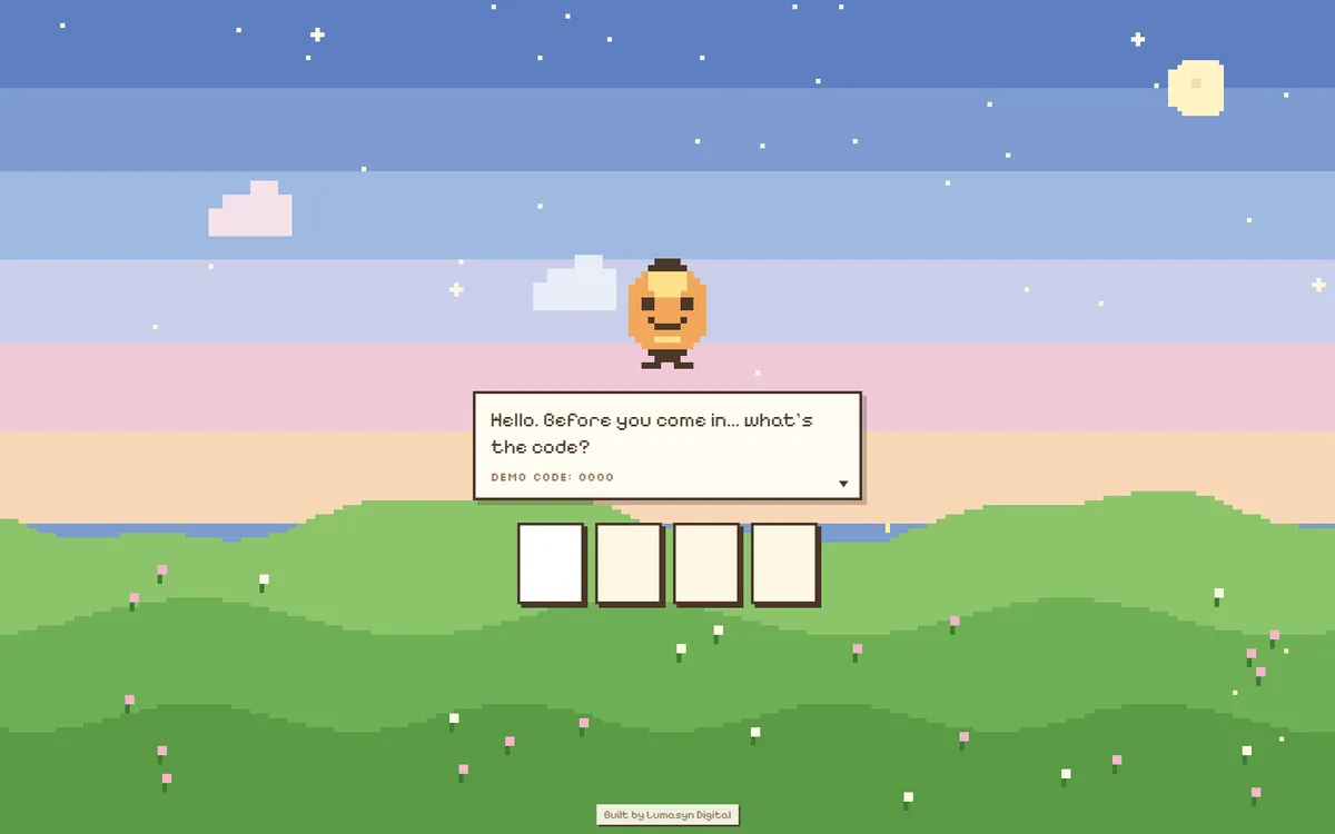 The Pixel Story demo: a small round orange pixel character with a face floats above a dialogue box reading “Hello. Before you come in… what’s the code?”, with four empty code boxes beneath it, green hills with small flowers below and a banded blue-to-pink sky above.